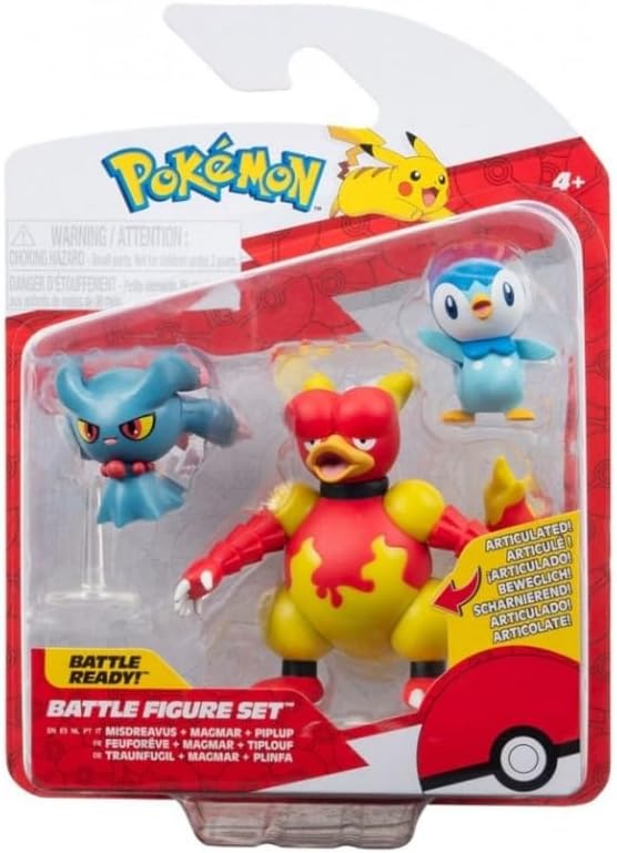 Jazwares Pokémon PKW3604 Battle Figure Set - Plinfa, Traunfugil, Magmar, Official Pokémon Figure Set