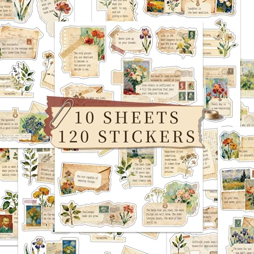 120 Pcs Motivational Quote Stickers Vintage Botanical Journaling Stickers Inspirational Famous Words for Scrapbooking Antique Style