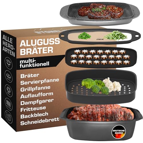 STONELINE Aluguss Bräter Induktion 39x22 cm 5,6 L, Kochgeschirr Set 5-teilig Braten Kochen Dämpfen Backen, Schmortopf Auflaufform Backform, Antihaftbeschichtet mit echten Steinpartikeln, Backofen STONELINE Aluguss Bräter Induktion 39x22 cm 5,6 L, Kochgeschirr Set 5-teilig Braten Kochen Dämpfen Backen, Schmortopf Auflaufform Backform, Antihaftbeschichtet mit echten Steinpartikeln, Backofen