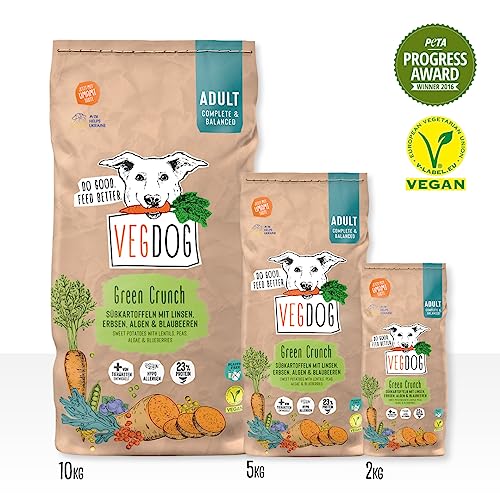 VEGDOG Green Crunch hypoallergenes Trockenfutter (10 kg) | Adulte Hunde | ohne Gluten, Getreide und Soja | Alleinfutter für Allergiker mit Erbsenprotein