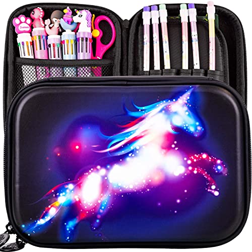 KLFVB Cute Unicorn Pencil Box for Kids?Big Capacity Girls Black Pencil Case for School Gift