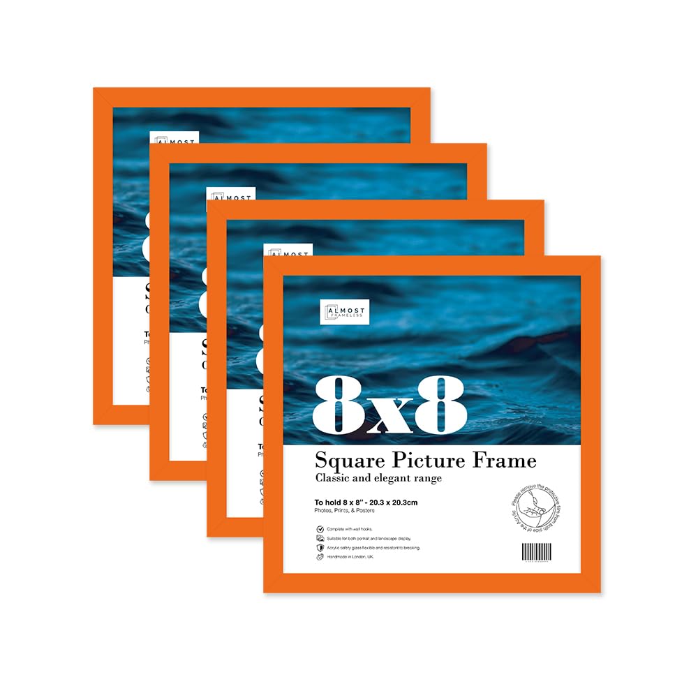 Almost Frameless 8x8 Orange Picture Frame Set of 4, Display 8x8 Picture Gallery Wall, Poster, Photo, Artwork, or Print, Orange, Square