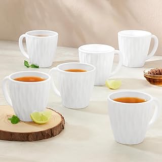 Curl Opalware Cup, Set of 6 Tea/Coffee Cups, 160 ml Each, Microwave & Dishwasher Safe, Bone-Ash Free, Crockery Set Ideal for Daily Use & Gifting, White