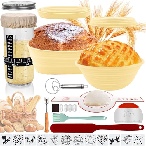 Moonmen Banneton Bread Proofing Basket Sourdough Starter Kit 34oz Sourdough Jar 2 Silicone Proofing Bowls Bread Sling Mat Silicone Spatula Dough Whisk Complete Bread Making Kit