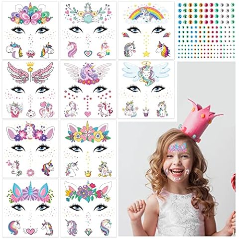 10 Sheets Unicorn Face Tattoos TAROME Girls Unicorn Temporary Tattoos Kids Waterproof Tattoo Stickers for Kids Children Carnival Cosplay Unicorn Birthday Party Gift Bag Filler Favor Cover