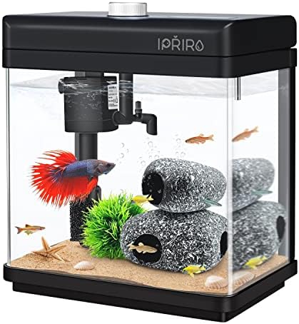 iPriro Glass Betta Aquarium Starter Kits, with Rock Cave Decorations, Small Fish Tank with LED Light and Temp Display 1.5 Gallon, Top Filtration