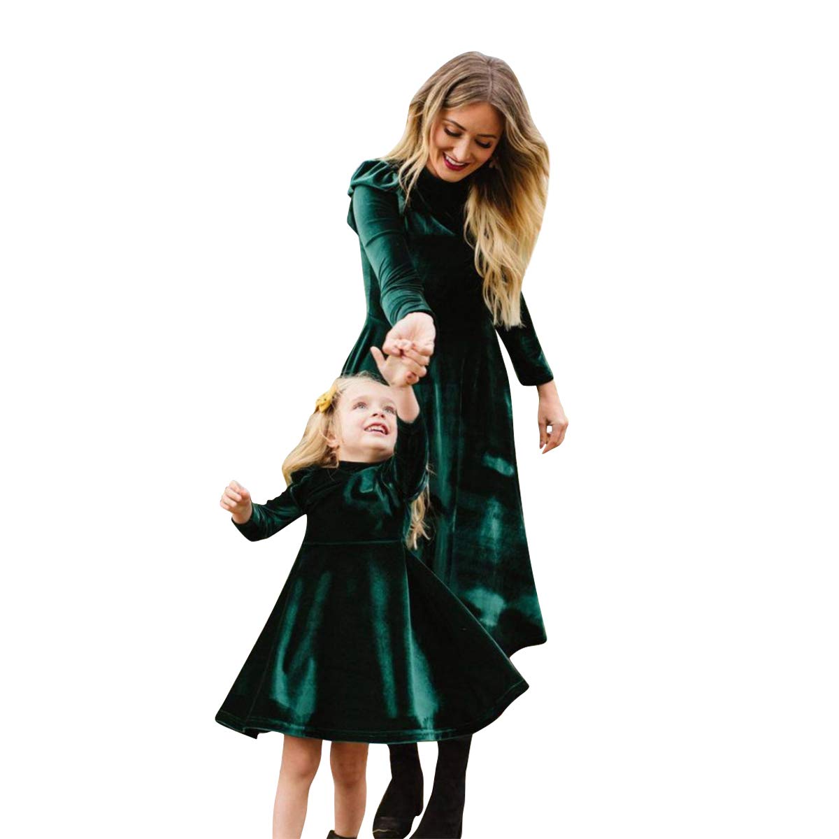 Mommy and Me Kleid Rüschen Langarm Casual Weihnachten Party Samtkleid Mutter Tochter Familie Passendes Kleid Kleidung