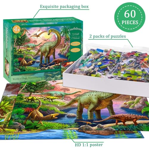 Image of Puzzles for Kids Ages 4-6 - 2 x 60 Pieces Puzzles for Kids Ages 3-5 6-8 - World of Huge Dinosaurs - Learning Educational Toys for Boy and Girl (2 Packs)