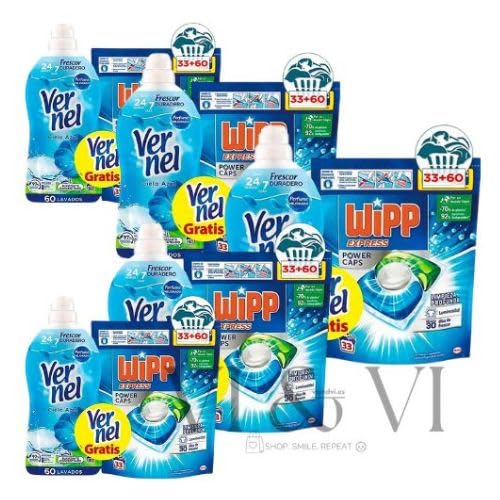 Wipp Express Limpieza Profunda 33 Cápsulas + Vernel Suavizante 60 Lavados | Pack Ahorro 5 Lotes | Limpieza Intensa, Fragancia Duradera y Cuidado de la Ropa