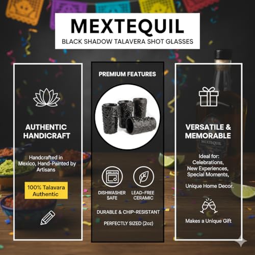 Image of Talavera Shot Glasses Set of 4 Authentic Mexican Tequila Shot Glasses - Hand-painted - 2 Oz (Black Shadow)