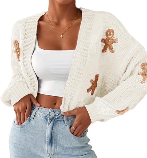 Women's Cartoon Print Drop Shoulder Cardigan, Gingerbread Sweater Women, Gingerbread Cardigan