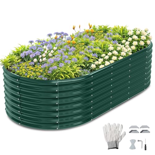 LEADZM Hochbeet Metall XXL, 240×120×60 cm - Extragroße Ovaler Hochbeete für Garten Metall ohne Sockel in Dunkelgrün - Mit Zubehörsatz & Handschuhen - Leicht aufzubauen, stabil und langlebig