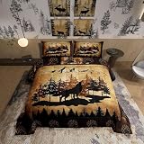 Homewish Jungle Wolf Bedding Sets Queen Size 3 Pcs,Lodge Cabin Wild Animal Paw Print Comforter Set for Kids Teens Adults,Sketch Mounrain Pine Trees Rustic Down Comforter with 2 Pillowcases