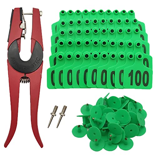 Cattle Ear Tags 001-100 Number Plastic Livestock Animal Tag for Cows Ear Tag Applicator Kit (001-100 Green)