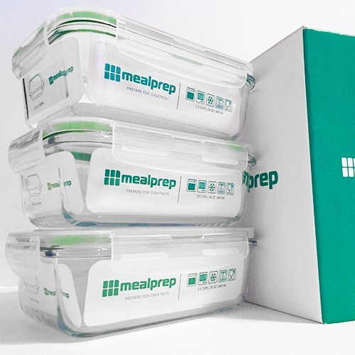 MealPrep 3-Pack Rectangular Glass Food Storage Containers - 3.5 Cups (28 Ounces) - BPA Free - Dishwasher, Microwave, Oven, Freezer Safe - Leak Resistant - Minimalist Style