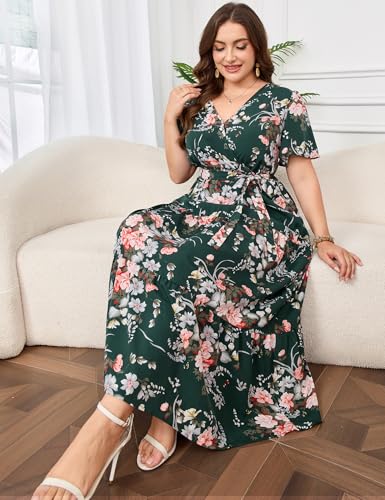 Image of ShopWonder Womens Plus Size V Neck Wrap Maxi Dress High Waist Ruffle Summer Casual Dress with Belt