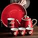 Imagen de Juego de té de 8 piezas de China Juego de té para adultos Juego de vajilla de boda roja con bandeja de té Decoración de regalo de boda