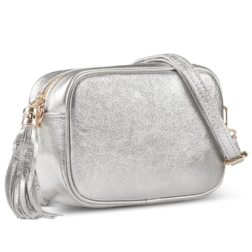 Image of Italian Genuine Metallic Suede Crossbody Bag for Women with Zipper | Small Leather Camera Purse Shoulder Handbag Pocketbook
