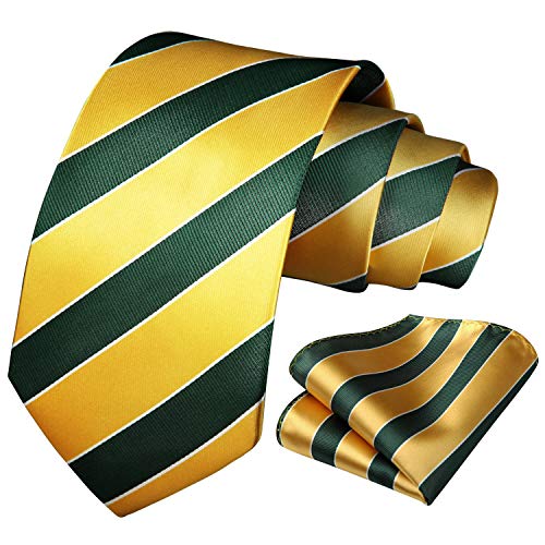 HISDERN Corbata Amarillo Hombre Rayas Corbatas y Panuelo de Bolsillo
