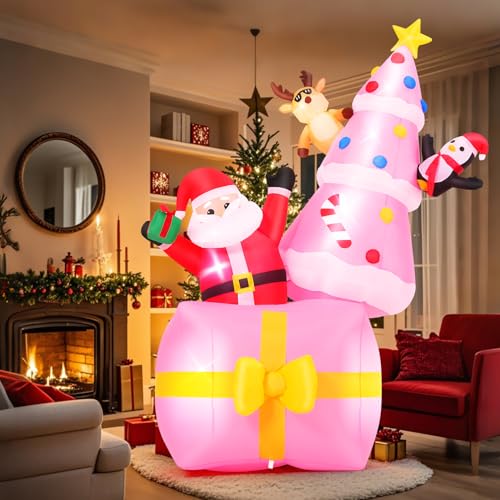 AKEYDIY 8 FT Christmas Inflatable Santa Claus Outdoor Decorations, Built-in LED Lights Blow up Santa, inflable de Navidad with Present Boxes (Christmas Tree Santa with Present Pink)