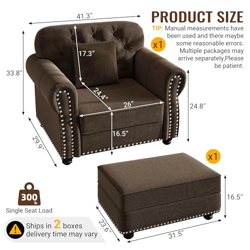 Image of KEIKI 41 inch Velvet Chesterfield Sofa with Rolled Arms & Nailhead Trim & 1 Ottoman, Modern 1-Seater Button Tufted Couch with High Resilience Cushion & 1 Pillow, Easy Assembly, for Living Room, Brown