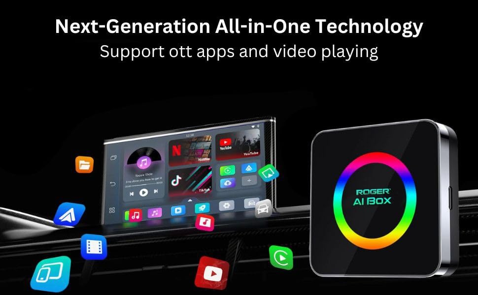 Image of Roger AI Box, Android 13.0 Wireless CarPlay & Android Auto Adapter, Built-in Netflix & YouTube, Apps from Play Store 5G WiFi, Compatible with Wired CarPlay Vehicles Only