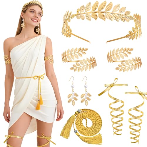 Ensemble De 6 Accessoires Pour Costume De Déesse Grecque, Ensemble D'accessoires Couronne De Laurier Dorée Avec Coiffe En Laurier, Brassard, Boucles...