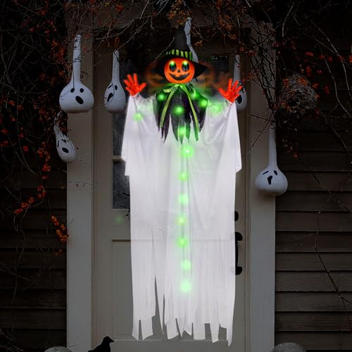 55” Halloween Hanging Animatronics Ghost Pumpkin with LED Lights, Sound & Motion Activated and Shaking Arms - Perfect for Halloween Haunted House Prop Décor, Indoor/Outdoor Display, Lawn, Party