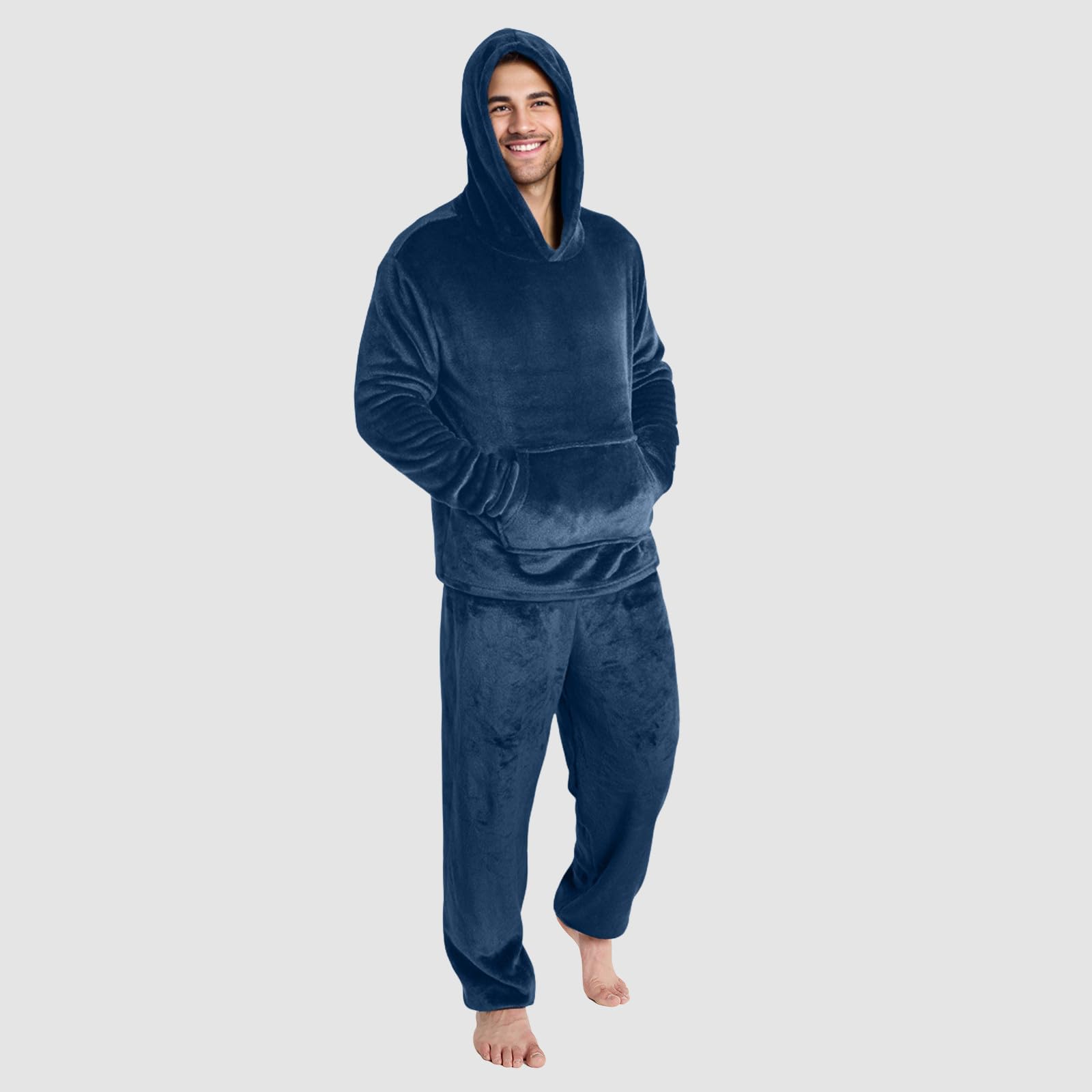 Generisch Pijama para hombre largo y grueso de franela con capucha y pantalón de dormir de dos piezas, pijama de dos piezas, traje de casa suave con bolsillo, invierno cálido y suave