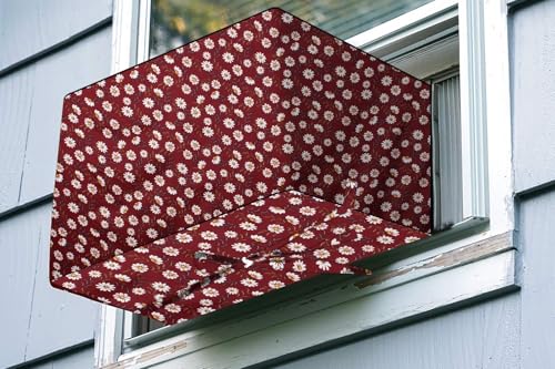 Image of The Furnishing Tree Elastic fit waterproof Polyester window ac cover suitable for Croma 1 Ton, Dustproof cover for inner and outer section, In CM: (48.26x59.69x38.74), Floral Pattern Red White