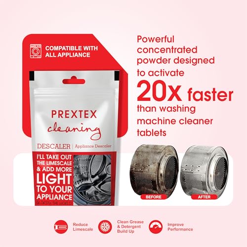 Image of Prextex Descale Compatible For All Washing Machine Front Load and Top Load, Cleaning Powder, Descaling Powder, Remove Odours and Buildup, Drum Cleaner 100 gram(100 g (Pack of 3))