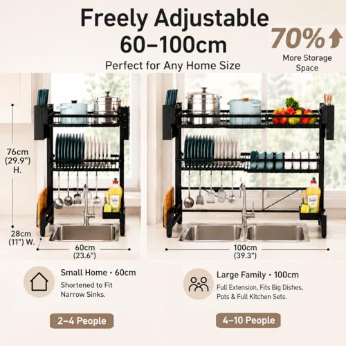 Image of COMFYHOME Over Sink Dish Drying Rack for Kitchen- 2-Tier Carbon Steel Kitchen Organizer with Utensil Holder & Cutting Board Slot - Expandable Length 23.6 inch-39.3 inch(Black)