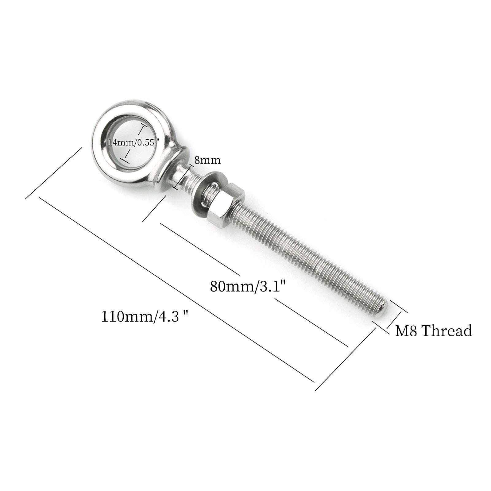 316 Stainless Steel Eye Bolt, Heavy Duty Shoulder Eyebolts Screws with Washer and Nuts (M8, 5PCS)