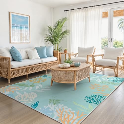 Seavish 5x7 Coastal Rugs for Living Room, Aqua Green Ocean Rugs for Bedroom Aesthetic, Soft Non Slip Nautical Nursery Rug, Low Pile Seaside Velvet Floor Carpet for Dining Room Office Playroom Porch - Image 8