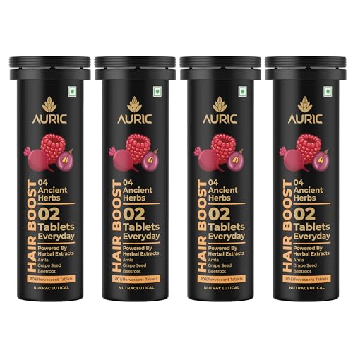 Image of Auric Hair Boost Effervescent Tablets 80 Count | Ayurvedic Formula for Hair Fall Control | Biotin, Zinc, Beetroot & Grapeseed Extracts & Herbal Extracts | Hair Growth & Strength Support
