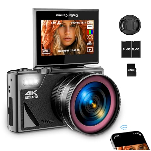 4K Digital Camera for Photography, WiFi UHD Autofocus 64MP Vlogging Camera for YouTube with Super Wide-Angle Lens, 3" 180° Flip Screen, 18X Digital Zoom with 32GB SD Card, 2 Batteries, Black
