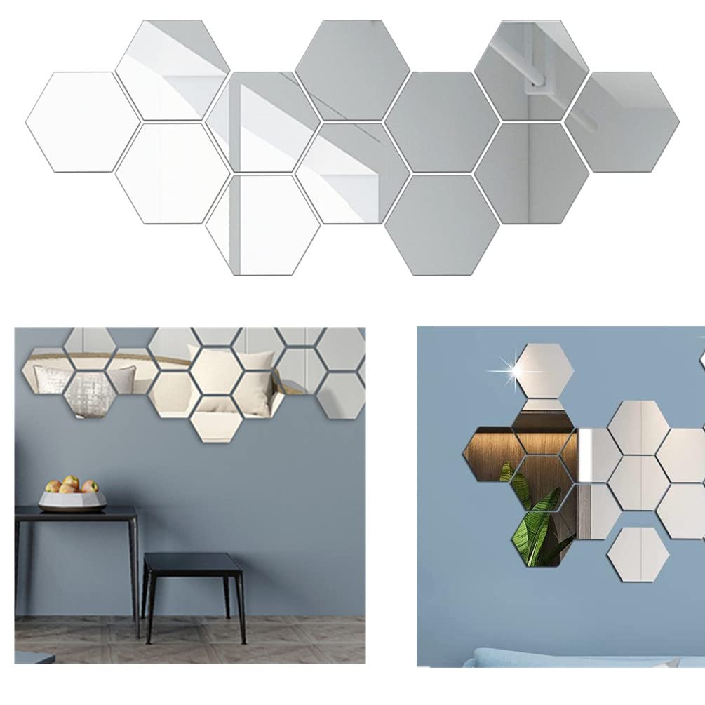 SamHeng 12 Pcs Hexagon Mirror Wall Sticker, Bathroom Acrylic Mirror Stick On Wall Self Adhesive Mirror Tiles Removable Aesthetic Wall Decor for Bedroom Living Room