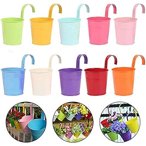 ECHG 10 Pcs 10 cm Metal Flower Pots, Colored Metal Hanging Plant Pots Fence Flower Pots Garden Hanging Flower holder without Drainage Hole Cover