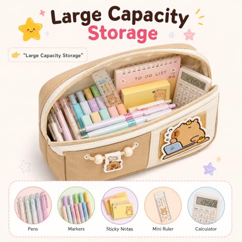 Image of Kawaii Cute Aesthetic Pencil Case 3 Layer 6 Compartment Large Capacity for Students | Pencil Pouch with Zipper | Cartoon Stationery Organizer Bag for Kids, Pencil Case for Girls & Boys (Brown)