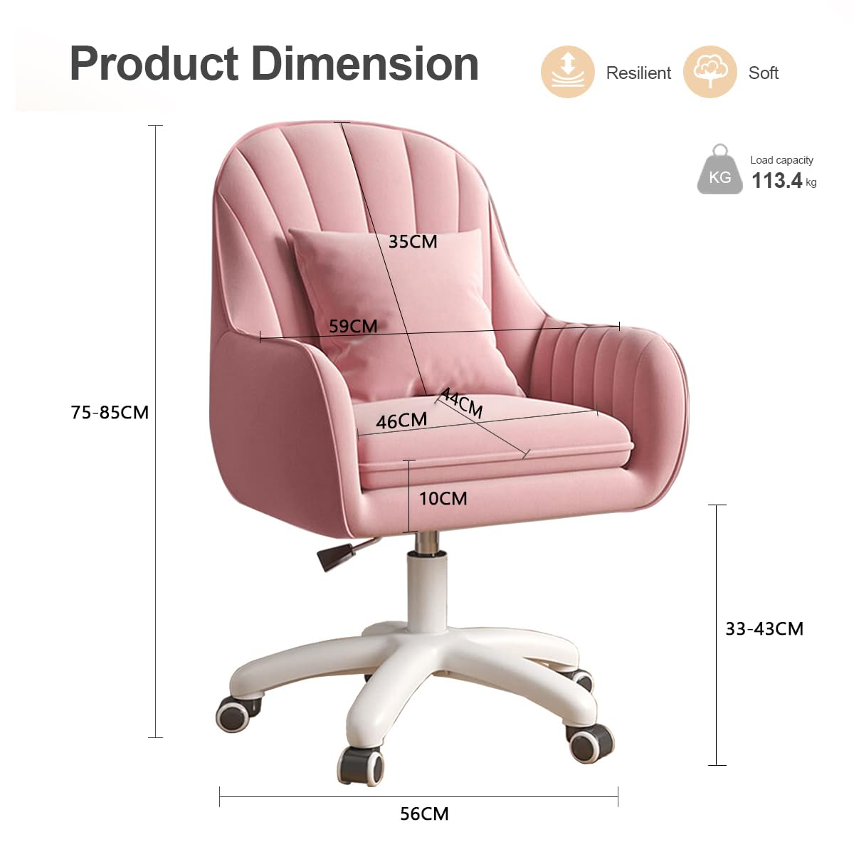 Chaise de Bureau pour la Maison Chaise de Dressing en Velours Chaise de Maquillage Mignonne avec roulettes Chaise d'ordinateur réglable en Hauteur