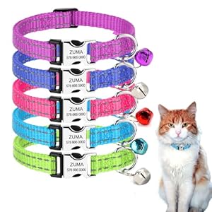 Personalized Cat Collar with Name Tag,Reflective Nylon Cat Collar,Custom Engraved Buckle Kitten Collars,Cat ID Collar with Bell,Adjustable for Girl Boy Cats(7.5”-12.0”)