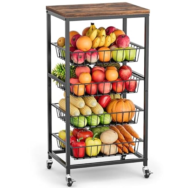 Fruit Vegetable Cart, 5-Tier Snack & Kitchen Cart on Wheels with Storage, Pull-Out Baskets & Wood Top, Rolling Organizer for Pantry, Living Room (Brown)-n7DmPTqx