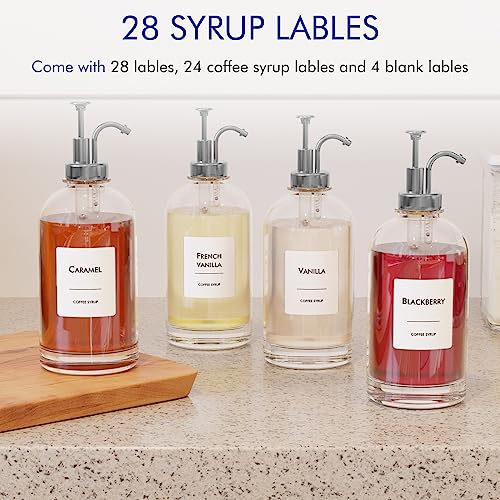 Image of 16.9 oz /500 ml Coffee Syrup Dispenser Set - 6 Glass Bottles with Silver Pumper and Syrup Labels - Precise Dispensing and Stylish Addition to Coffee Shop, Cafe or Home Bar
