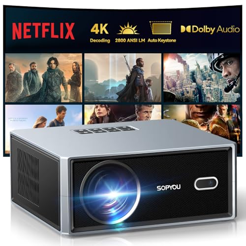 Image of SOPYPOU Smart Projector with WiFi and Bluetooth, Netflix Included, 1080P & 4K Support, Short Throw 1.1:1 for Bedroom, Dorm & Apartment, Dolby Audio, E-Focus, Pre-installed YouTube, Prime Video Apps