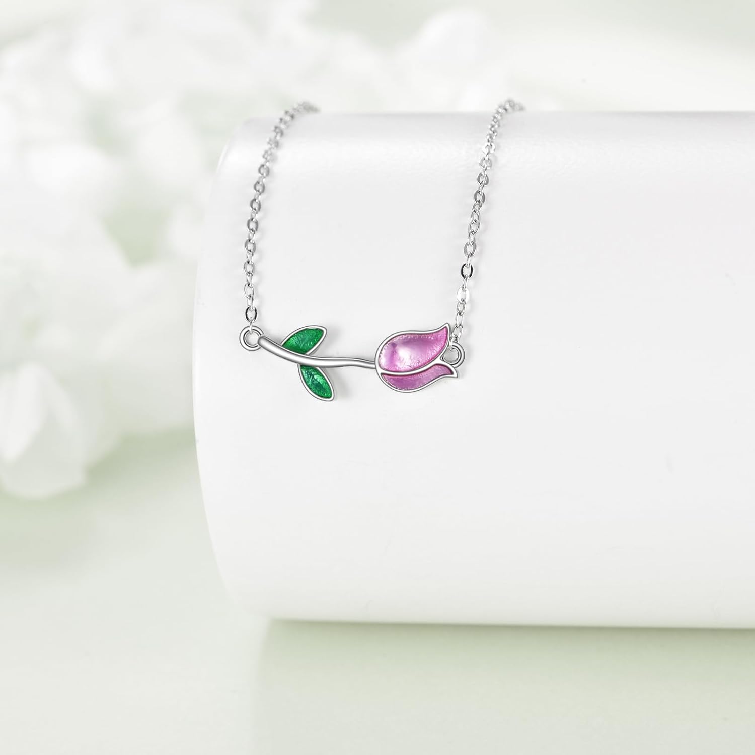 Tulip Necklace for Women 925 Sterling Silver Pink Tulip Pendant Necklace Tulip Flower Jewelry Gifts for Women - Image 3