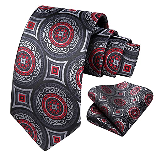 Hisdern Extra Long Floral Paisley Tie Handkerchief Men's Necktie & Pocket Square Set ,Black & Gray & Red 2,Xl, 63 Inches Length #TOP1