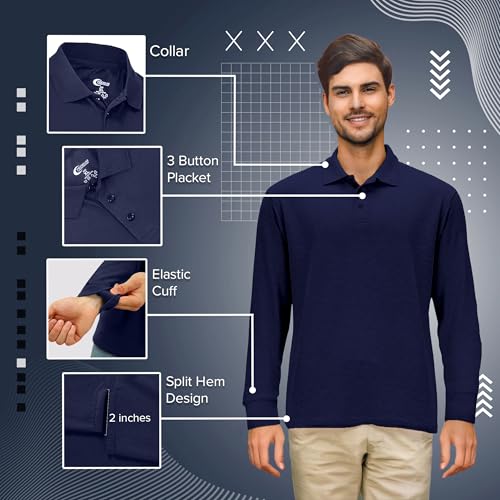 Premium Wear Long Sleeve Polo Shirt for Men, Cotton-Blend Fabric Golf Shirt with Collar, 3-Button Placket, Stain Guard4