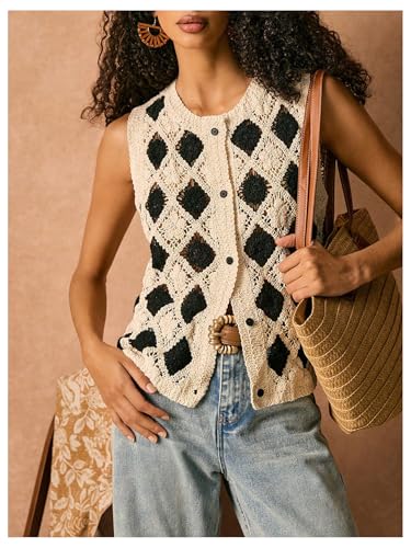 GORGLITTER Women's Crochet Vest Checkered Button Front Knit Boho Western Trendy 2025 Sweater Tank Top2