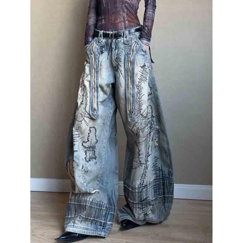 BXCNCKD Women's Retro Street Loose Slimming Wide Leg Pants Embroidered Pattern Jeans Curved Knife Pants2