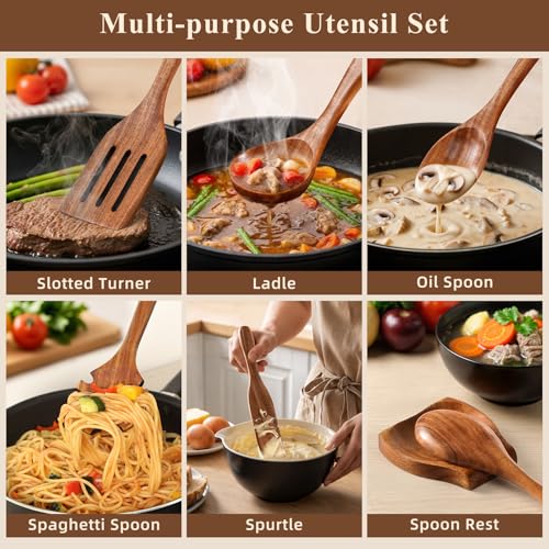 Wooden Spoons for Cooking, 12 Pcs Nonstick Wooden Cooking Utensils Set with Comfort Grip – 100% Natural Teak Wood - Sturdy, Lightweight & Heat Resistant Kitchen Utensils - Image 6